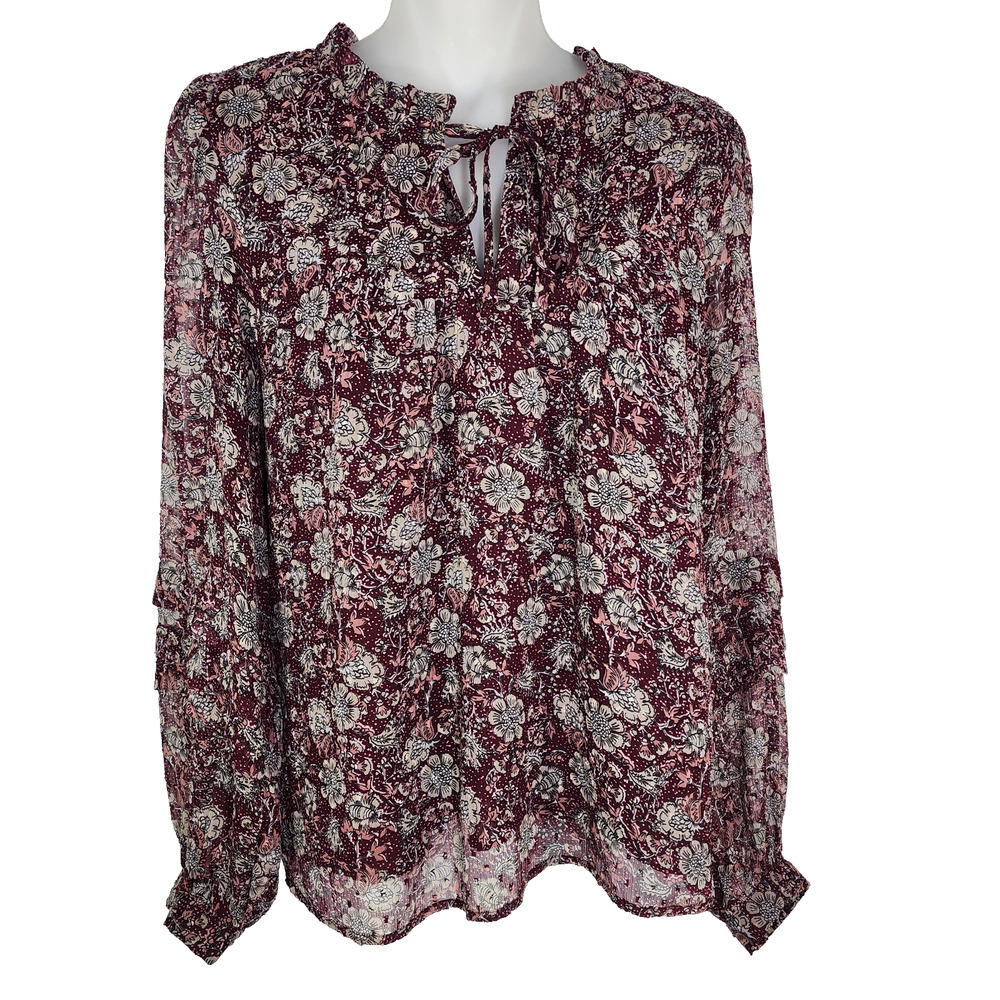 LOFT Blouse Womens Medium Floral Pleated Sleeve Split Tie Neck Cottagecore Retro
